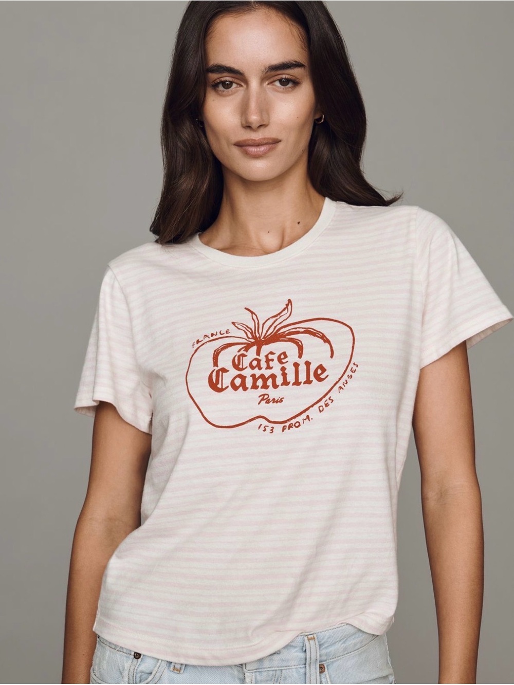 NWT Anthropologie Cafe Camille Paris Pink Stripe Cotton Graphic Tee SZ XS